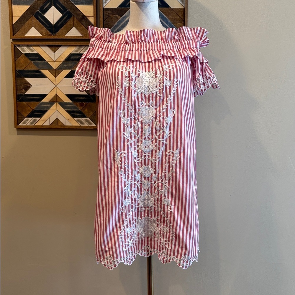 Parker Red / White Candy Stripe Off-the-Shoulder Holiday Dress XS NWT MSRP $368